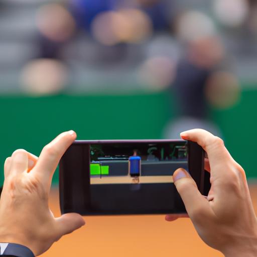 Người đang cầm điện thoại xem trực tiếp trận đấu quần vợt